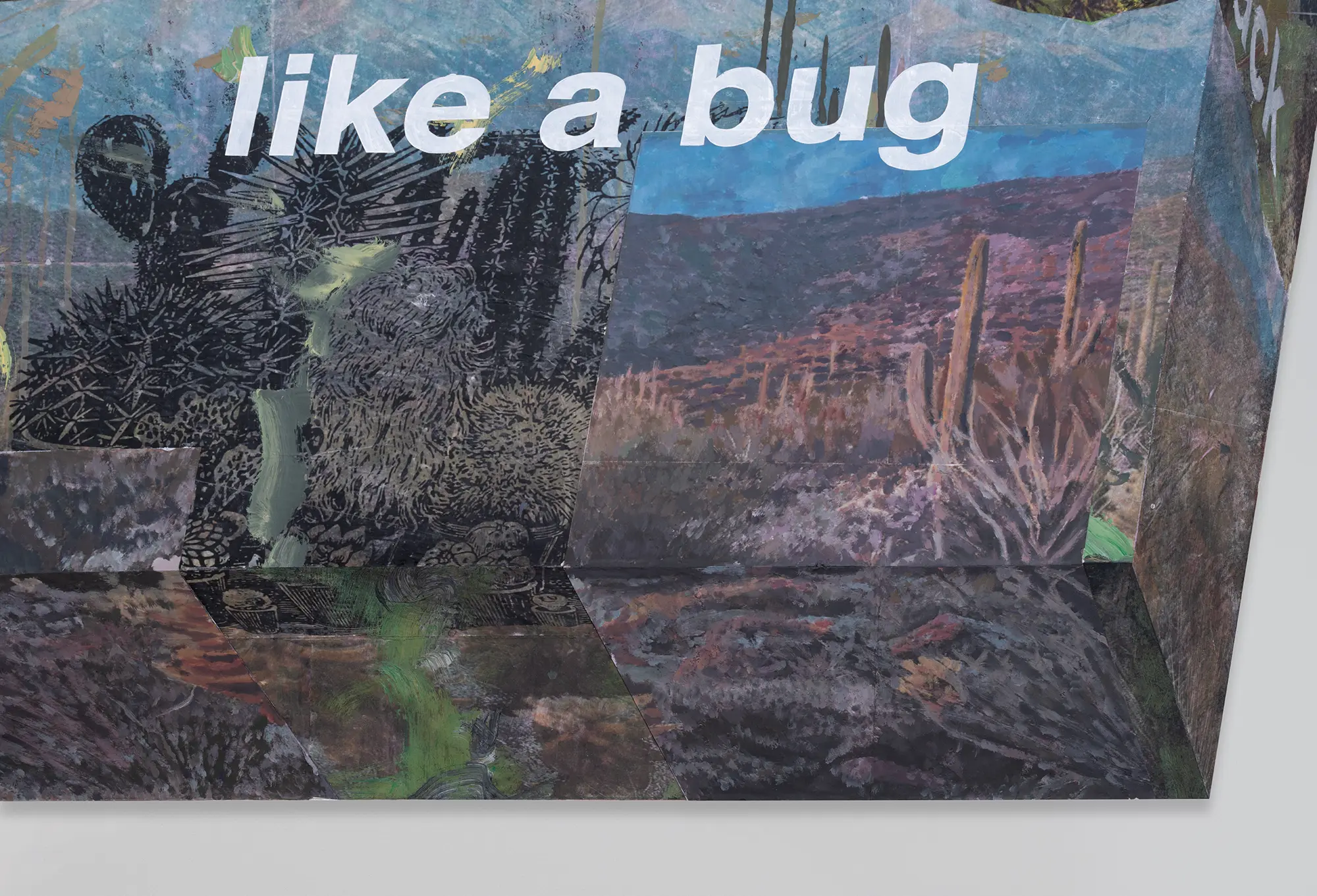 michael rikio ming hee ho detail of mixed media artwork with text 'like a bug' over a nature-inspired landscape