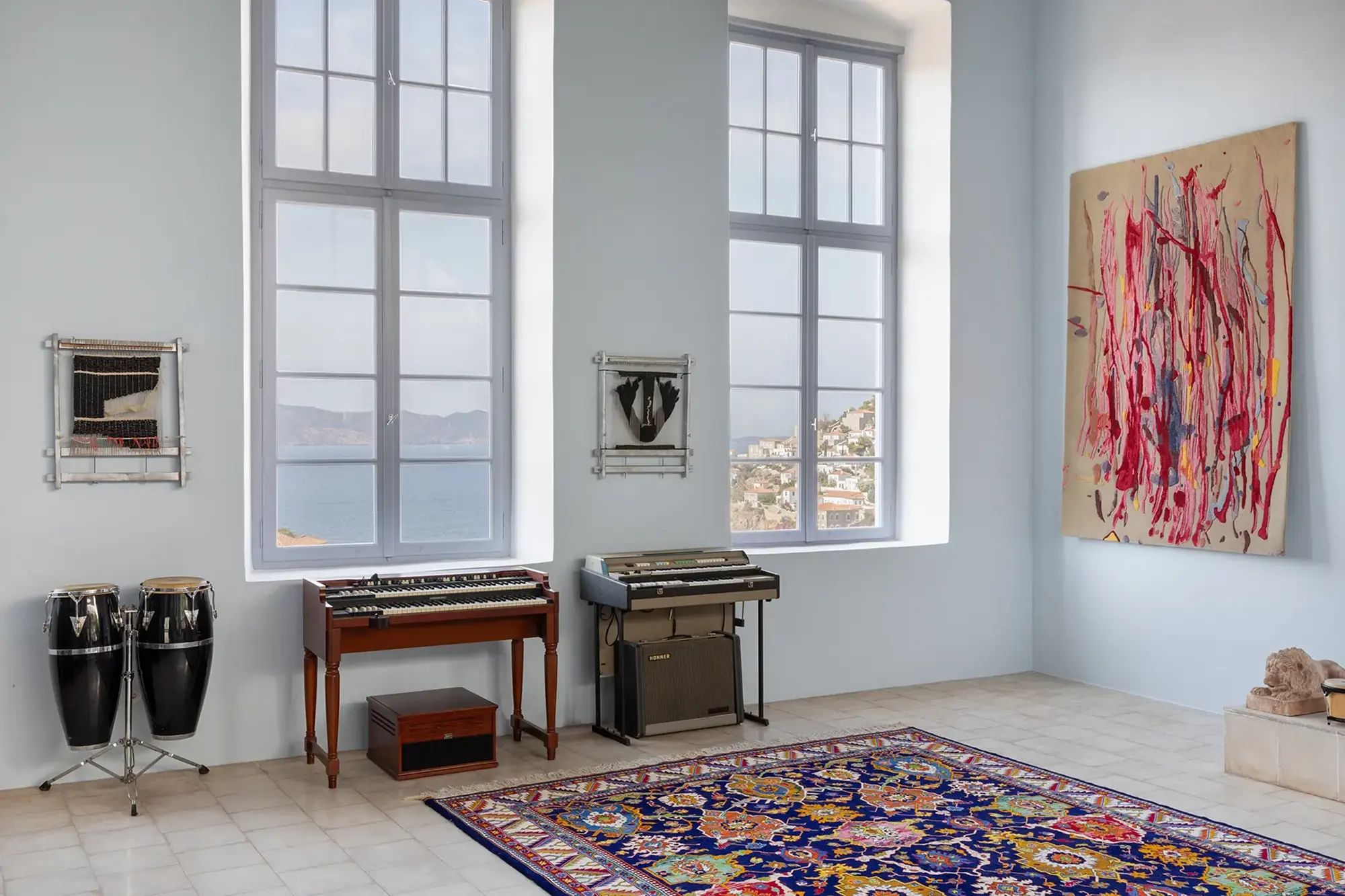 hydra island and art, 2024, old carpet factory in collaboration with the artists helen marden and dimitrios antonitsis with warp of time exhibition
