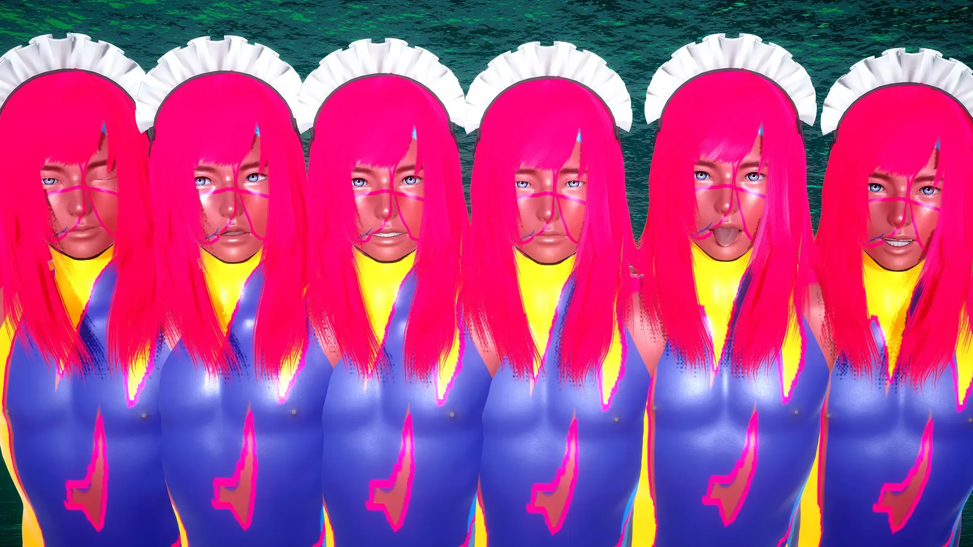 wolfgang saker artwork, vibrant surreal digital artwork heavenly peach banquet 2022 by heavenly peach banquet featuring neon pink-haired figures in bright maid costumes dye sublimated on aluminum 33.1 x 59.1 inches exploring themes of identity and individuality against a textured green background