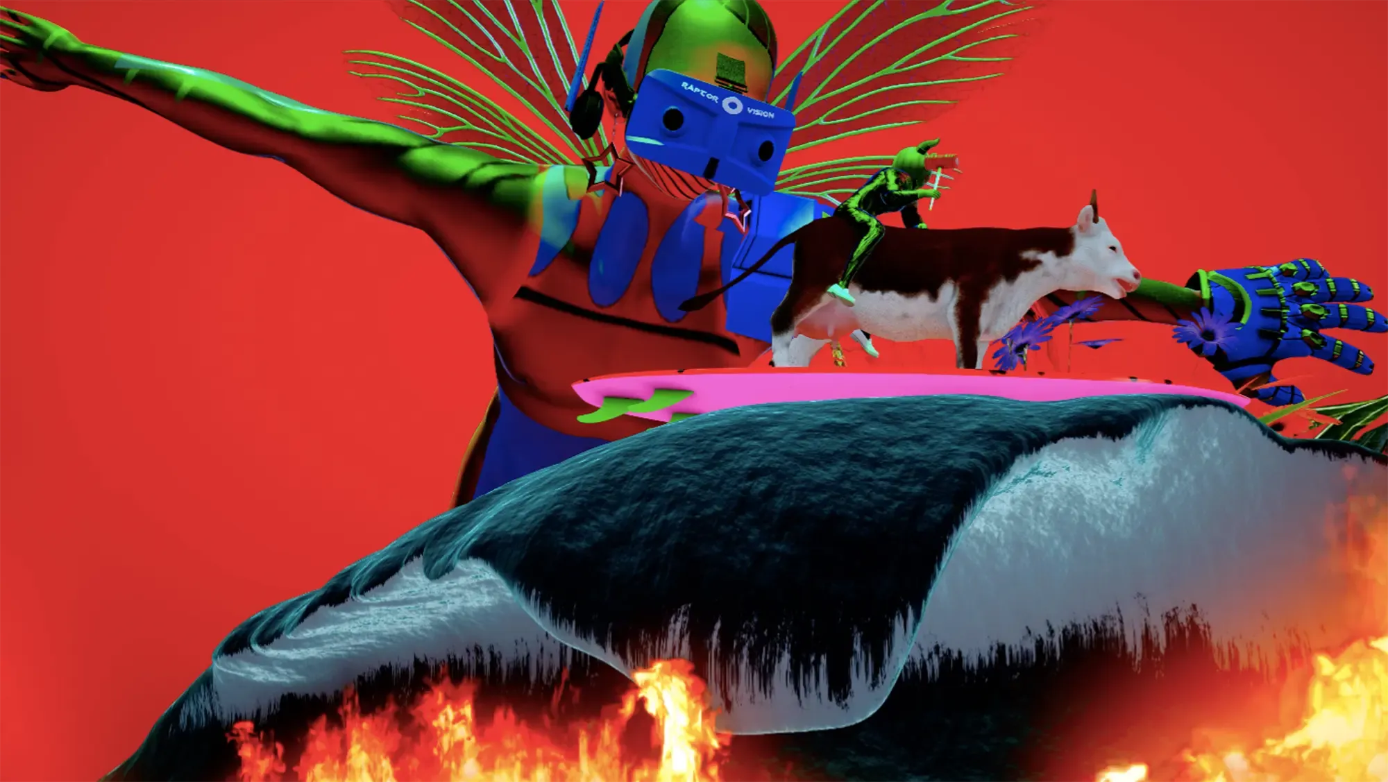 vivid digital artwork zagreus 2023 by heavenly peach banquet featuring a futuristic figure with green and red limbs wearing VR goggles labeled raptor vision holding a miniature cow and a smaller figure riding it set against a solid red background with blue flames dye sublimated on aluminum exploring themes of technology and surrealism