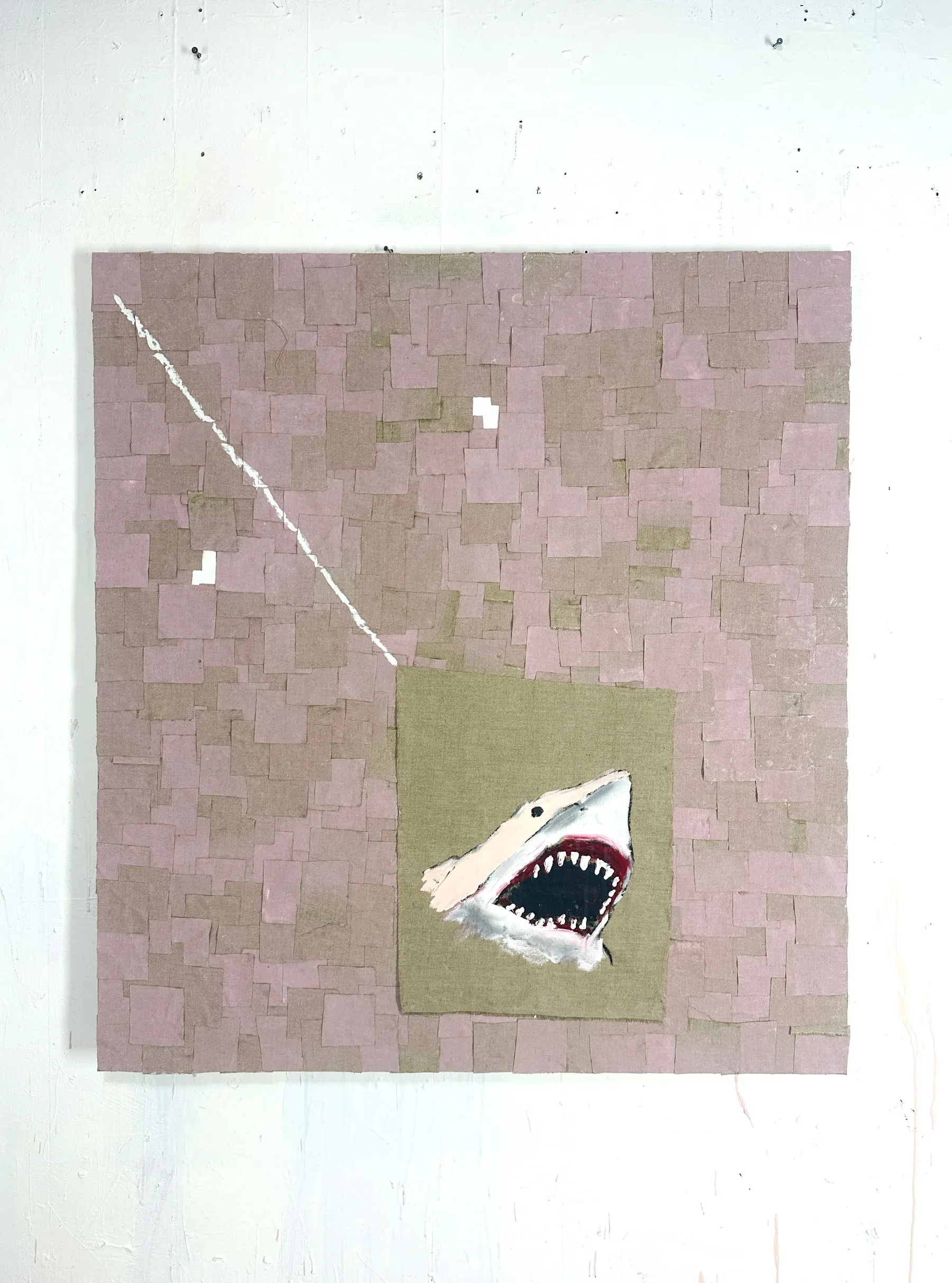 martin paaskesen's artwork with a shark motif on a pink and beige mosaic background, highlighting his acclaimed style