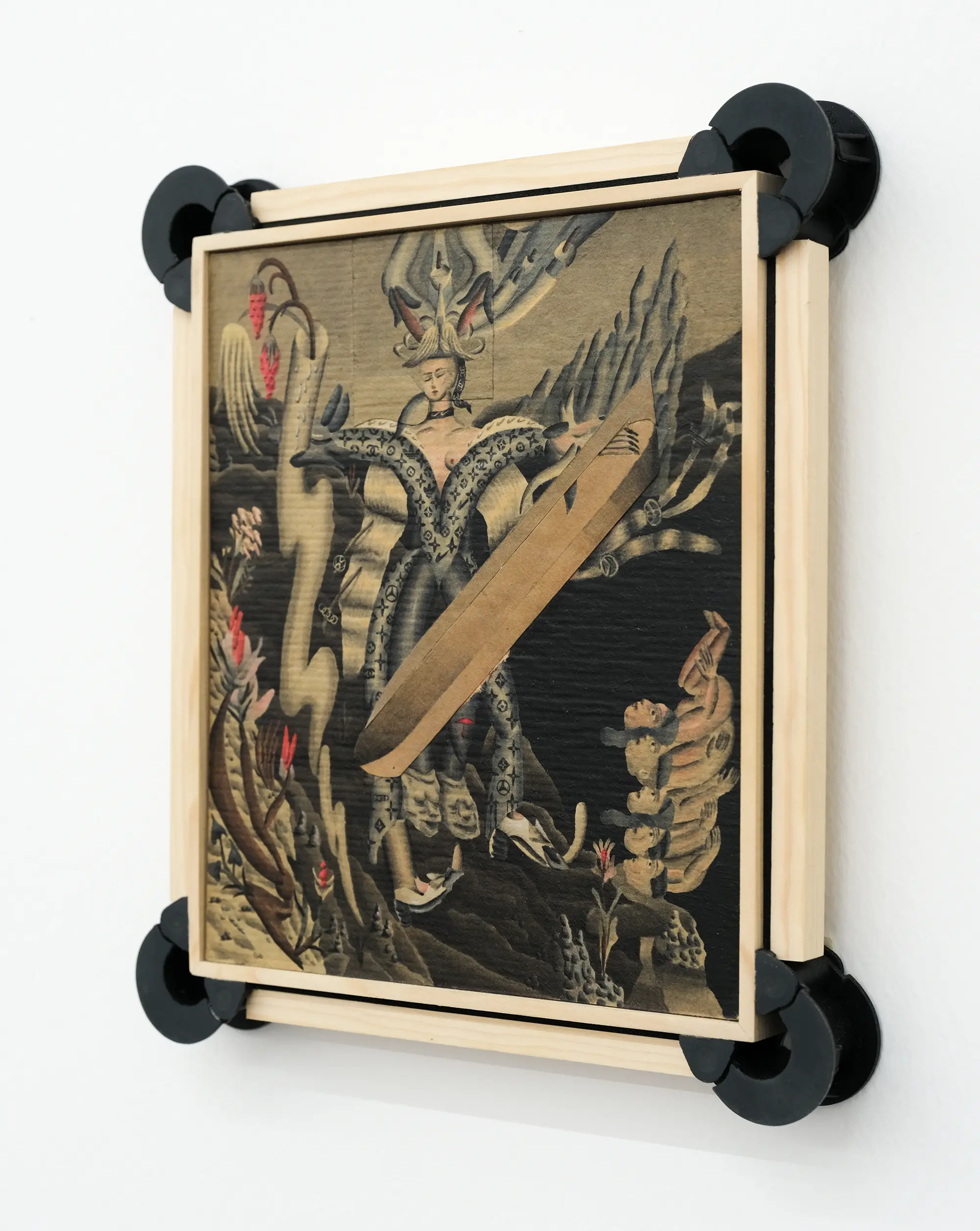 artwork titled tyche by georg pinteritsch, created using marker, ink, colored pencils, and lacquer on paper on wood, encased in a wooden plastic frame