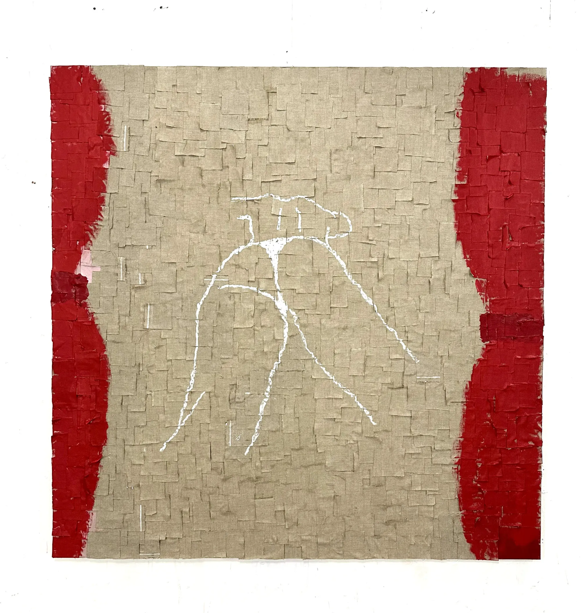 beige and red abstract artwork by martin paaskesen with central white line drawing, highlighting texture and contrast