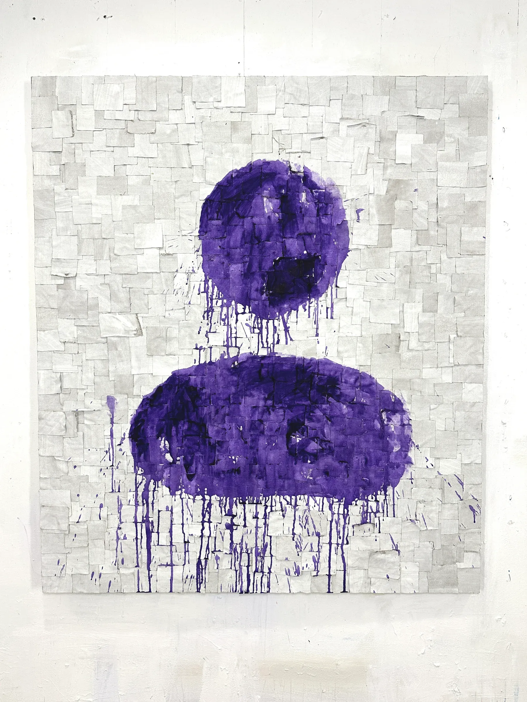 abstract artwork by martin paaskesen featuring a purple figure on a textured white background, with dripping paint effects