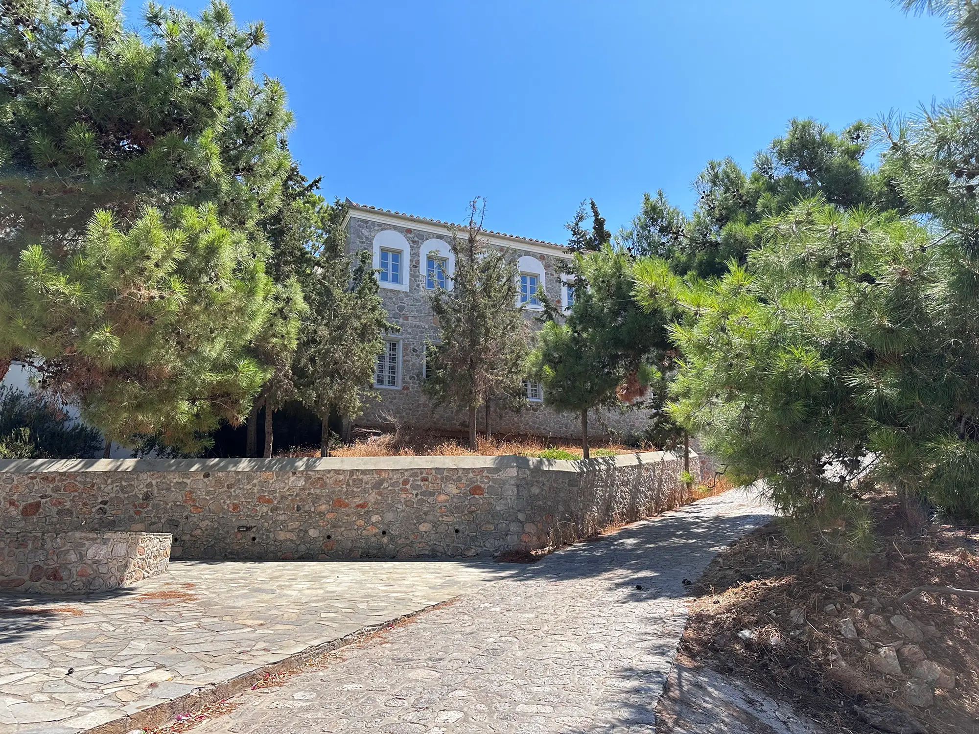 hydra school project exhibition venue exterior view on hydra island greece, must see art show