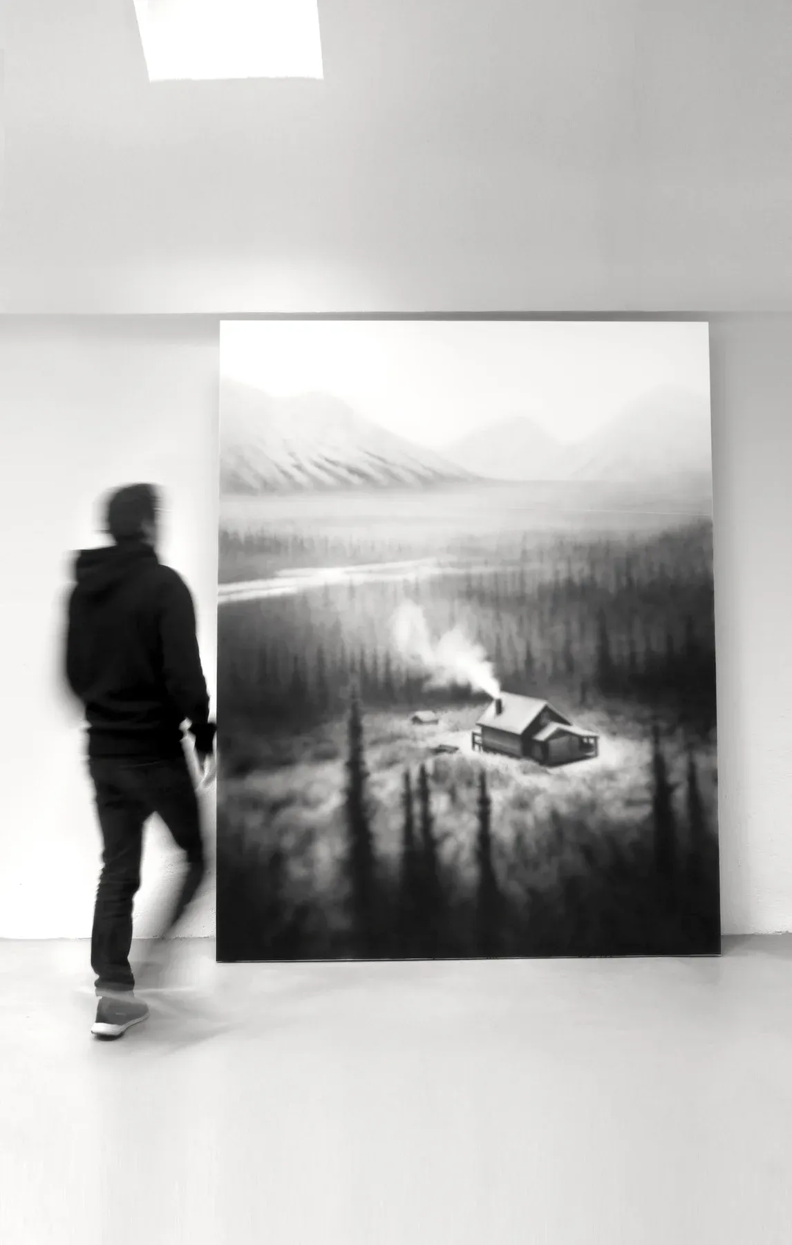 hugo alonso,  the artist in front of his painting in black and white , realistic and cinematic