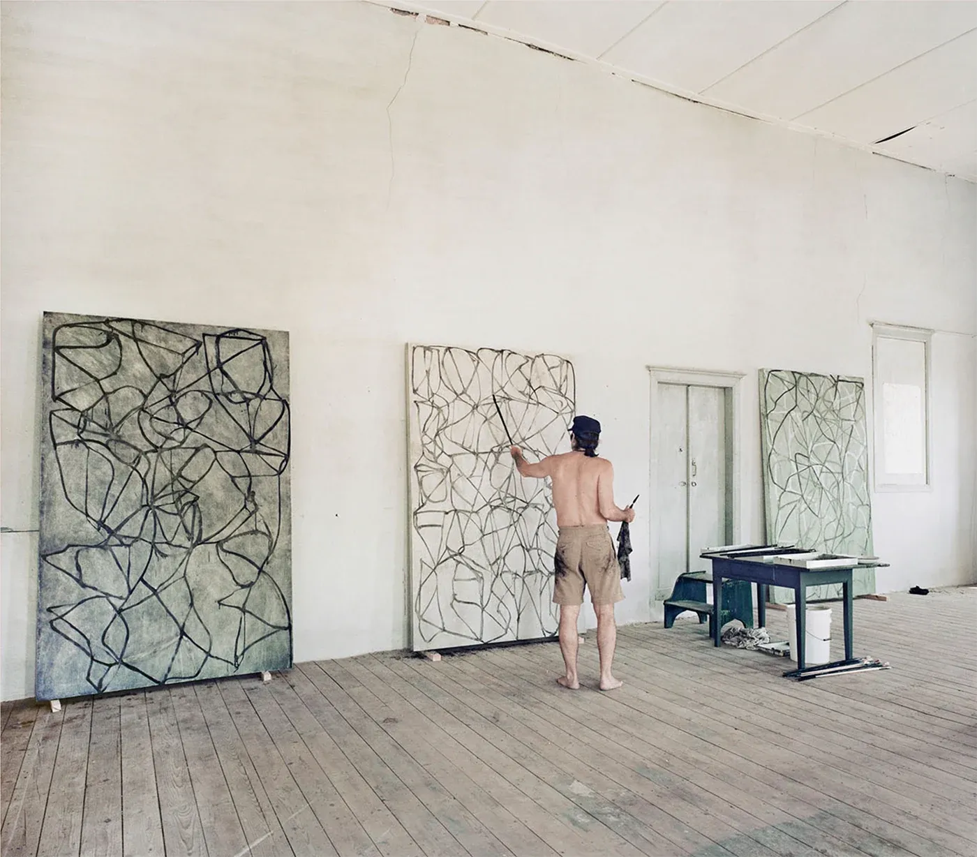 Brice Marden in his hydra island studio, creating minimalist and abstract works influenced by the serene Greek environment